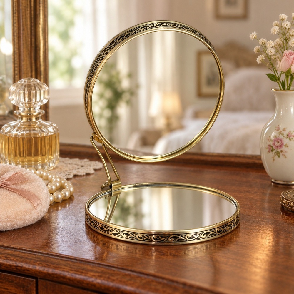 Vintage Japan Folding Vanity Mirror Gold Tone Faux Mother of Pearl Travel Stand